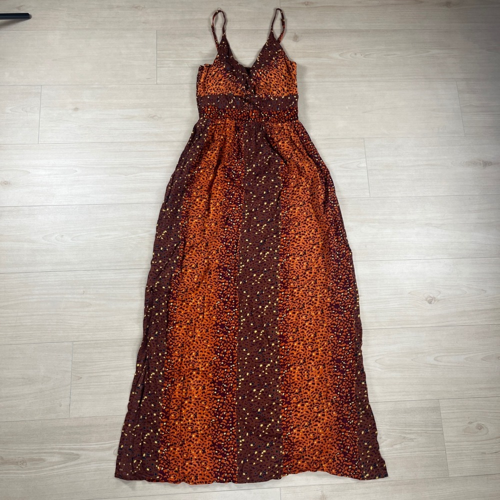 Angie Women Orange Brown Leopard Print Twist Front Smocked Maxi Dress Size M - Picture 2 of 10